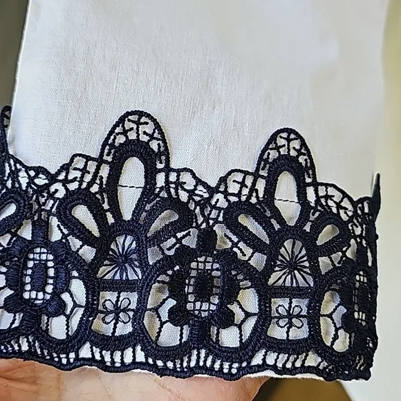 Preston & York white tunic blouse with navy blue lace‎ trim Size 12. - Picture 3 of 10